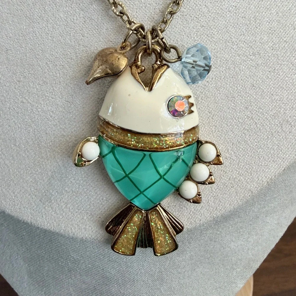 Vintage Betsey Johnson Sea Excursion Fish Necklace Blue Lucite Rhinestone Gold